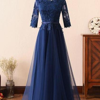 Navy Blue 1/2 Sleeves Bridesmaid Dresses, Tulle..