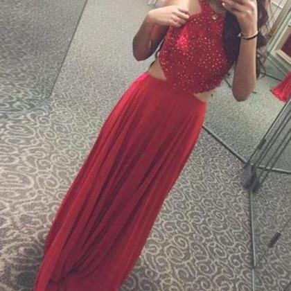 Red Chiffon Beaded Long Pretty Prom Dress,..