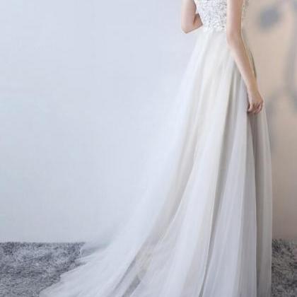 Simple Tulle Long Bridal Gown With Lace Applique,..
