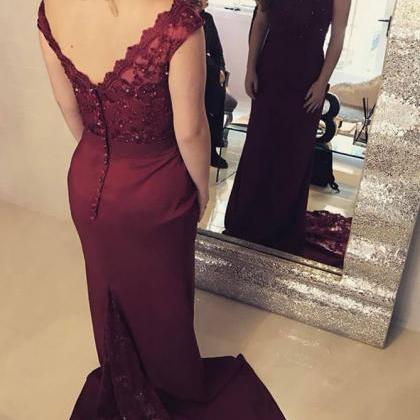Maroon Mermaid Prom Dress With Sweep Train,lace..