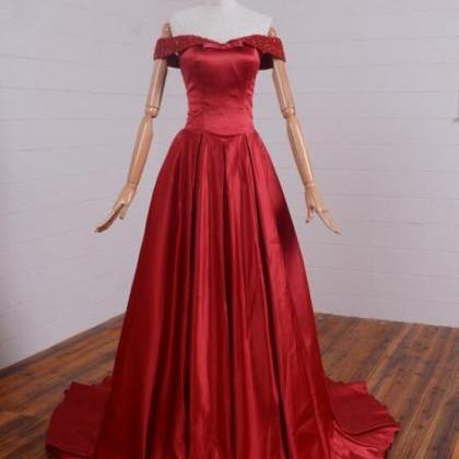 Red Off Shoulder Satin Long Beaded Formal Gowns,..