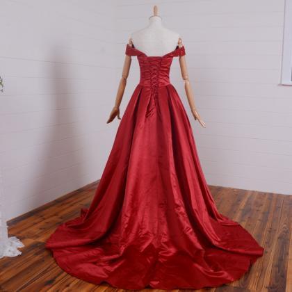 Red Off Shoulder Satin Long Beaded Formal Gowns,..