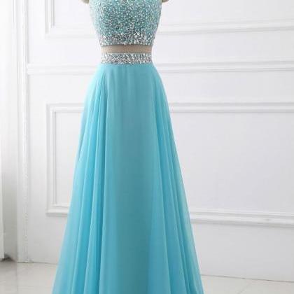 Blue Two Piece Chiffon Beaded Sparkle Long Prom..