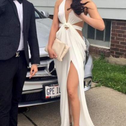 Sexy White Slit Chiffon Prom Dress, Prom Dress..