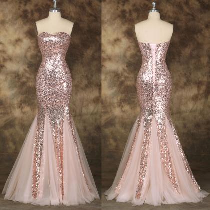 Sequins Mermaid Lace-up Formal Gowns, Pink Prom..