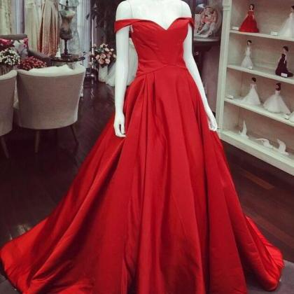 Red Satin Long Off Shoulder Formal Gowns, Red..