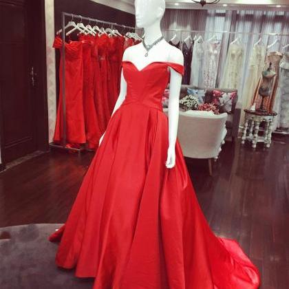 Red Satin Long Off Shoulder Formal Gowns, Red..