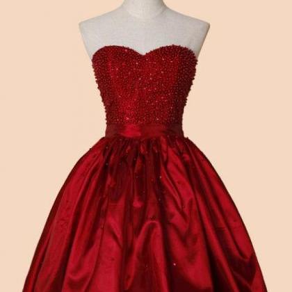 Red Satin Short Beaded Lace-up Homecoming Dresses,..