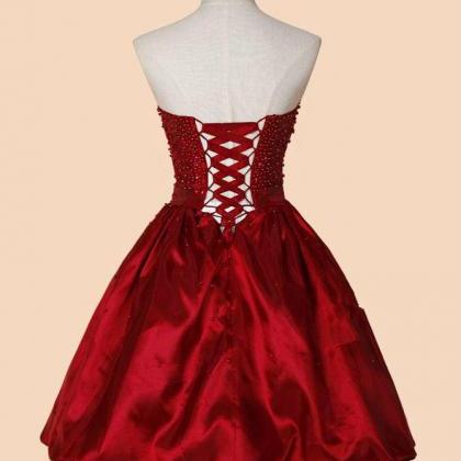 Red Satin Short Beaded Lace-up Homecoming Dresses,..