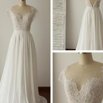 White Chiffon And Lace Beach Wedding Dress 2018,..