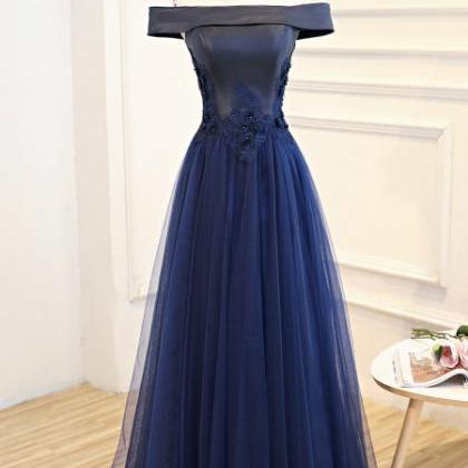Navy Blue Off Shoulder Satin And Tulle Long Prom..