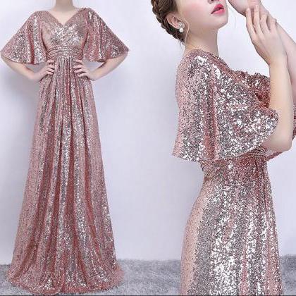 Rose Gold Sequins Long Prom Dress, Party Dress,..