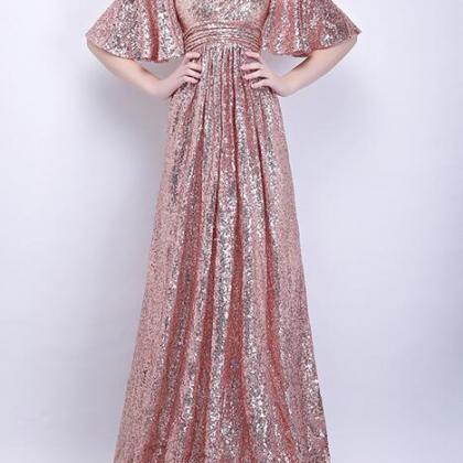 Rose Gold Sequins Long Prom Dress, Party Dress,..
