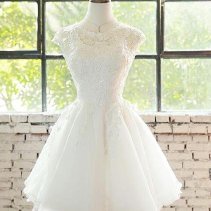 White Short Organza And Lace Homecoming Dresses,..