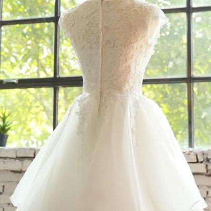 White Short Organza And Lace Homecoming Dresses,..