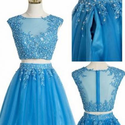 Blue Lace Applique Two Piece Homecoming Dress,..