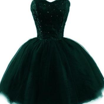 Dark Green Tulle Ball Gown Short Homecoming Dress,..