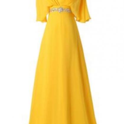 Yellow Chiffon Long Party Dress, Prom Gowns,..