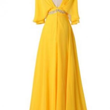 Yellow Chiffon Long Party Dress, Prom Gowns,..