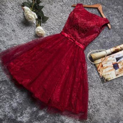 Lovely Dark Red Lace Short Party Dress, Red Party..