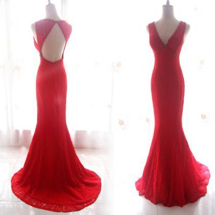 Beautiful Red Lace Sexy Wedding Party Dress, Red..