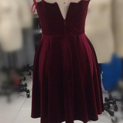 Burgundy Short Straps Homecoming Dress, Velvet..