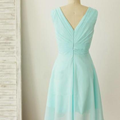 Mint Blue V-neckline Chiffon Wedding Party Dress,..