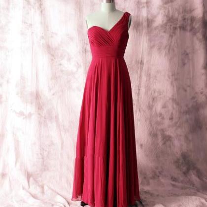 Wine Red One-shoulder Ruched Chiffon A-line..