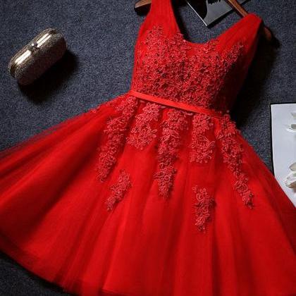 Beautiful Red Short Tulle Lace Applique Party..