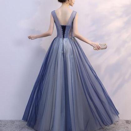 Beautiful Blue Tulle V-neckline Long Party Dress,..
