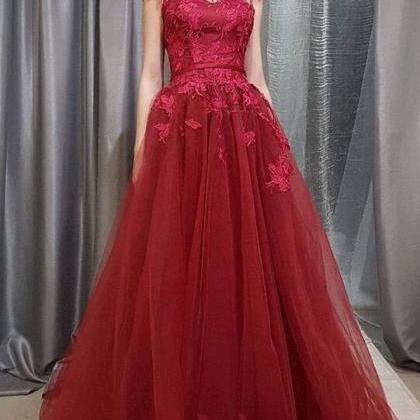 Burgundy A-line Lace And Tulle Long Formal Dress..