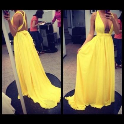 Sexy Yellow Cross Back Long Party Dress, Sexy..