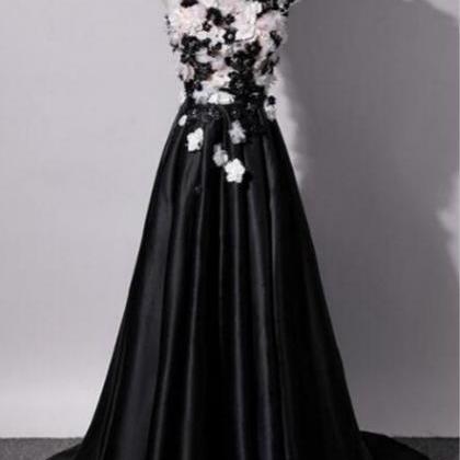 Black One Shoulder Stain Floral Formal Dress,..
