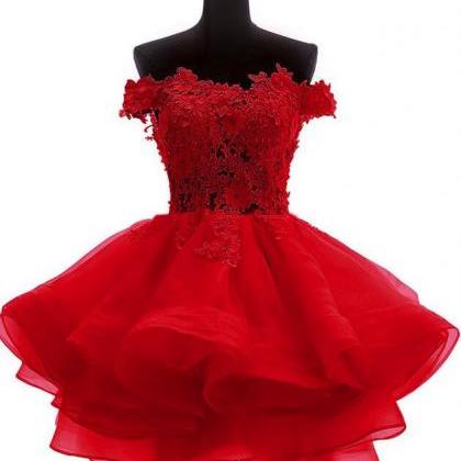 Red Off Shoulder Organza With Lace Detail Formal..