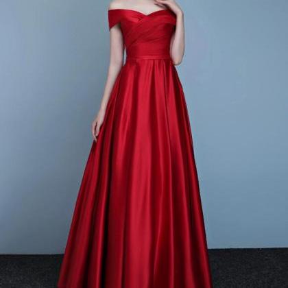 Red Satin Off Shoulder A-line Simple Pretty Long..