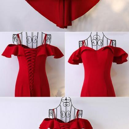 Red Off Shoulder Straps Long Formal Gowns, Red..