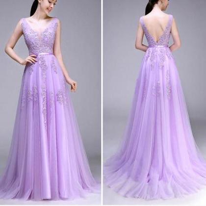 Cute Lilac Tulle V-neckline Handmade Prom Dress,..