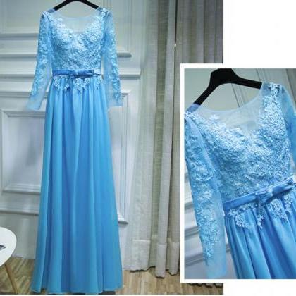 Light Blue Chiffon Long Sleeves Formal Dress With..