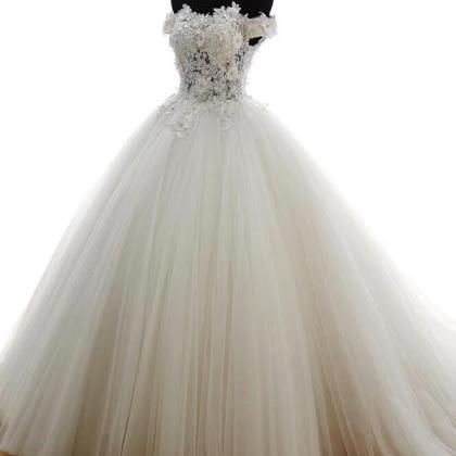Gorgeous Tulle Lace Applique Off Shoulder Wedding..
