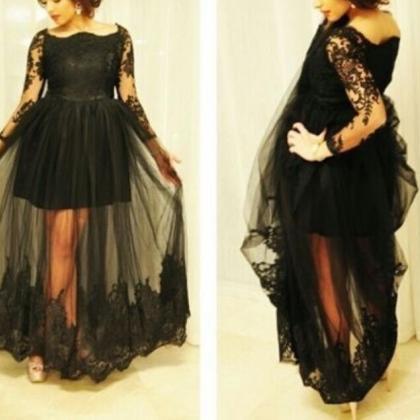 Black Lace And Applique Sleeves Party Dresses,..