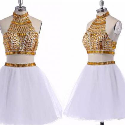 Two Piece Beaded Halter White Tulle Short Party..