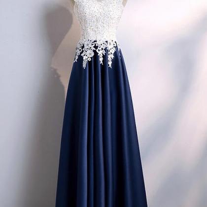 Navy Blue Satin With White Lace Top Floor Length..