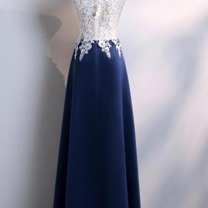Navy Blue Satin With White Lace Top Floor Length..
