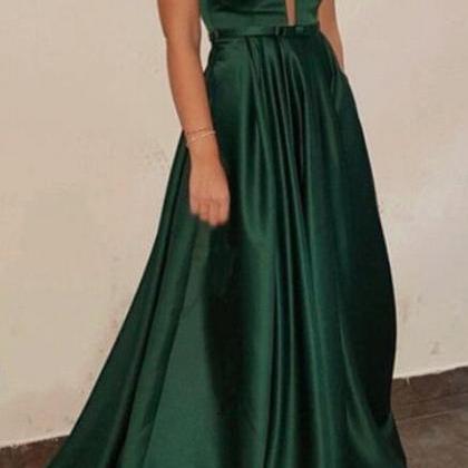 Dark Green Satin Long Formal Dresses, Beautiful..