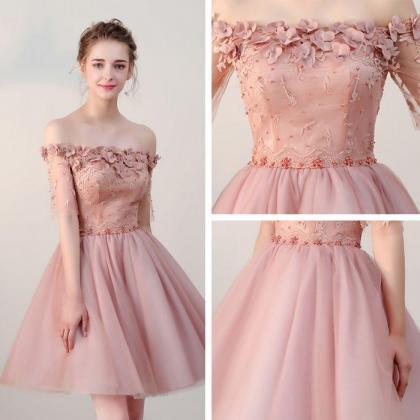 Pink Off Shoulder Flowers Tulle Cute Short Prom..
