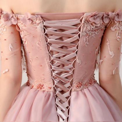 Pink Off Shoulder Flowers Tulle Cute Short Prom..