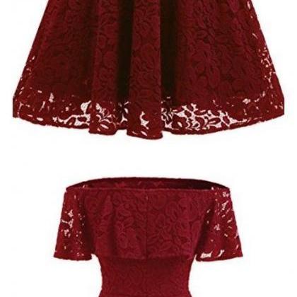 Off Shoulder Wine Red Lace Bridesmaid Dresses,..
