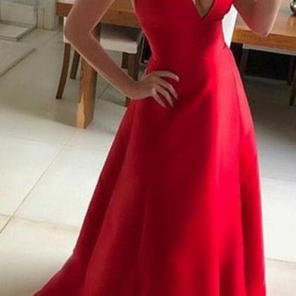 Sexy Red V-neckline Satin Long Formal Dress, Red..