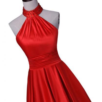 Red Long Party Dresses, Halter Sati..