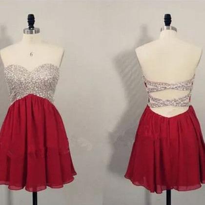 Sweetheart Wine Red Chiffon Beaded And Sequins..